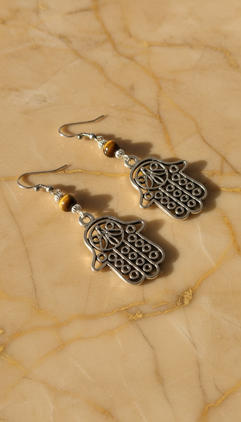 Large Silver Tone Hamsa Hand & Tiger's Eye Earrings on Stainless Steel Ear Wires