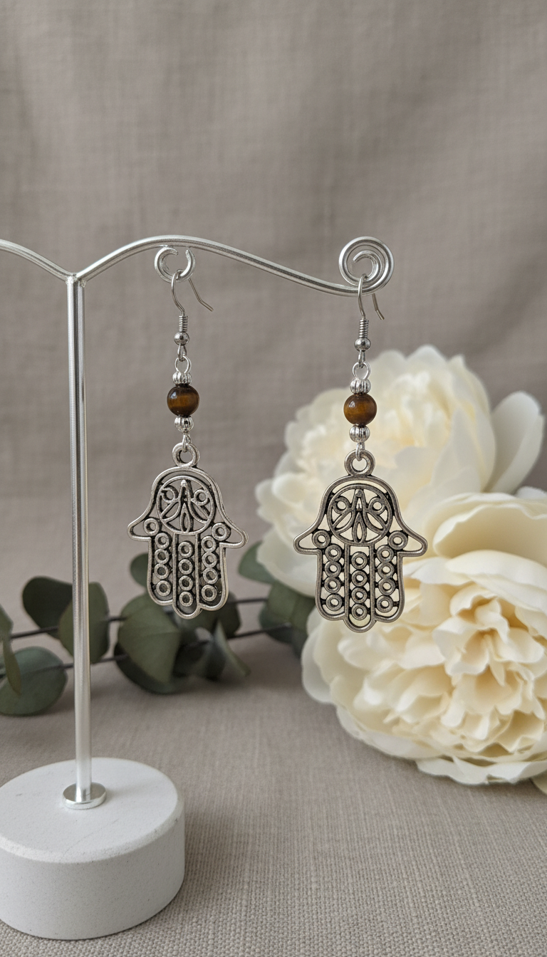 Large Silver Tone Hamsa Hand & Tiger's Eye Earrings on Stainless Steel Ear Wires