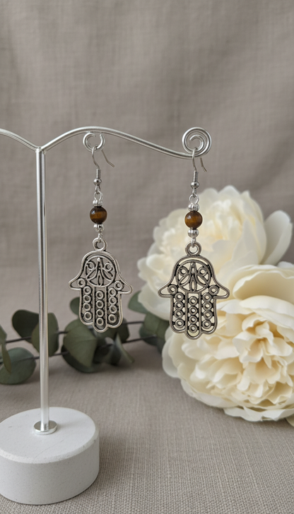 Large Silver Tone Hamsa Hand & Tiger's Eye Earrings on Stainless Steel Ear Wires