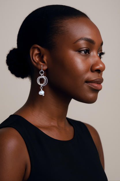 White Pearls and Mobius Earrings on Stainless Steel Wires