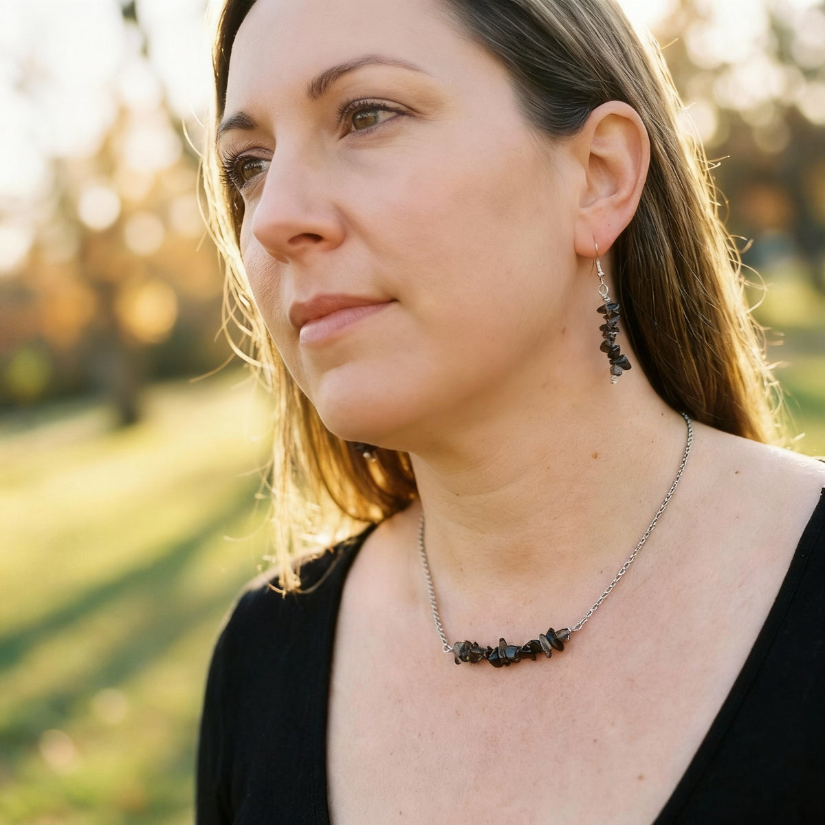 Smoky Quartz Bar Necklace &amp; Earrings on Stainless Steel Chain and Ear Wires