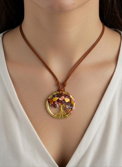Mookaite Tree of Life Pendant on Gold Tone Frame on Saddle Brown Leather - Adjustable Style