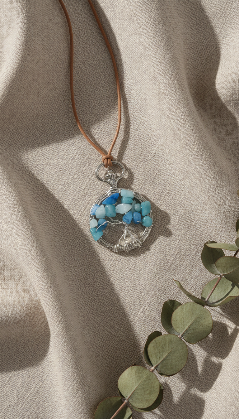 Blue Quartzite Tree of Life Pendant on Adjustable Natural Tan Leather