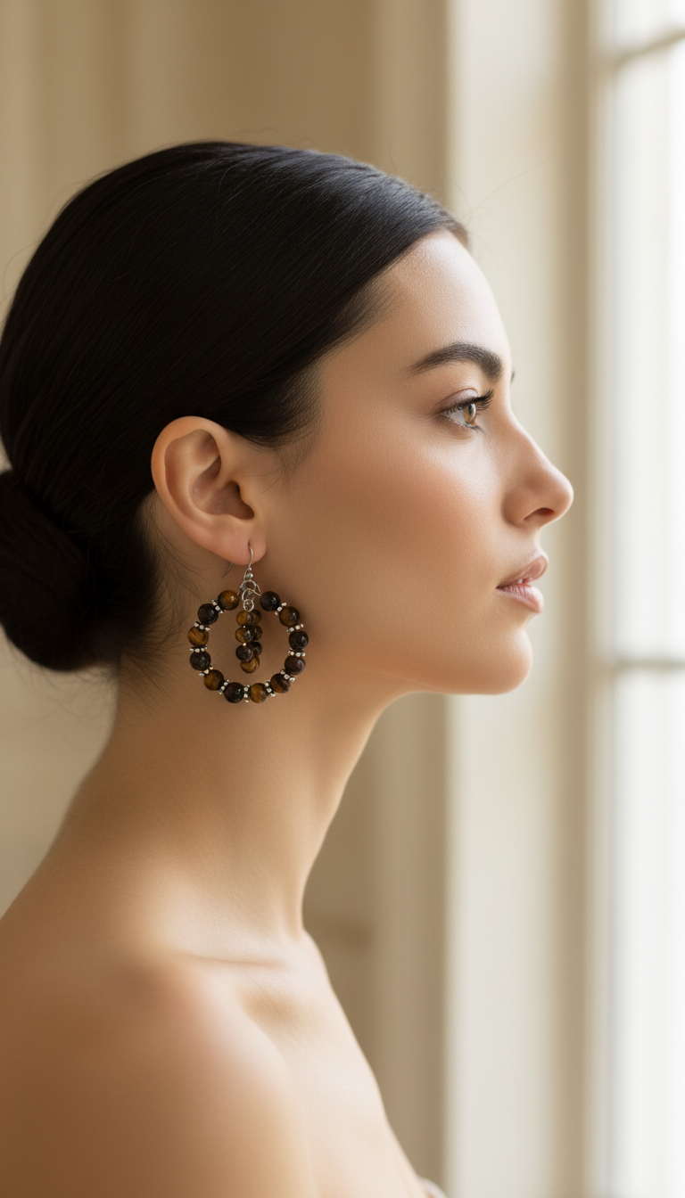 Tiger's Eye Double Ring Earrings on Stainless Steel Ear Wires