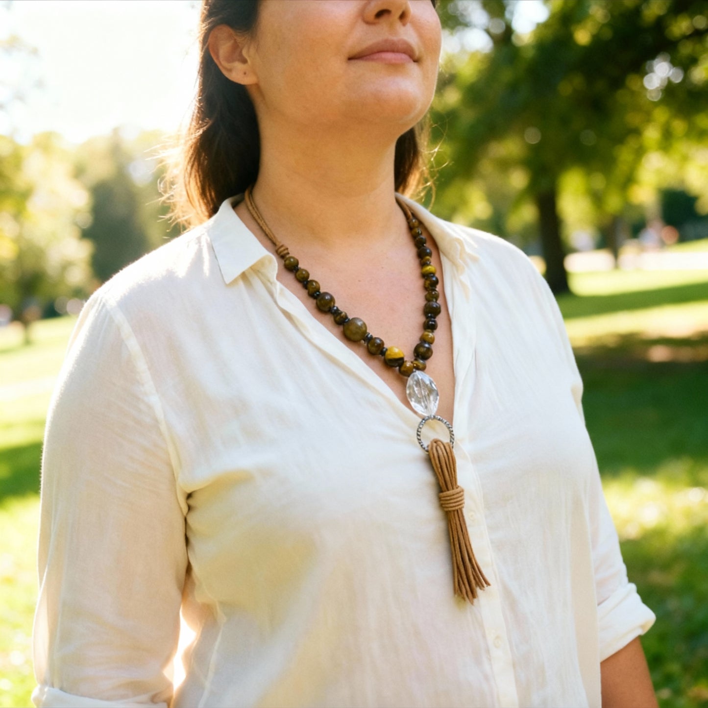 Tiger's Eye & Hematite Tassel Necklace on Natural Tan Leather, a Crystal Focal & Silver Tone Accents - Adjustable Style