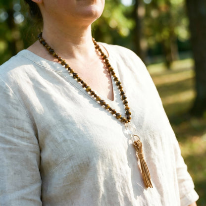 Tiger's Eye & Hematite Tassel Necklace on Natural Tan Leather, a Crystal Focal & Silver Tone Accents - Adjustable Style