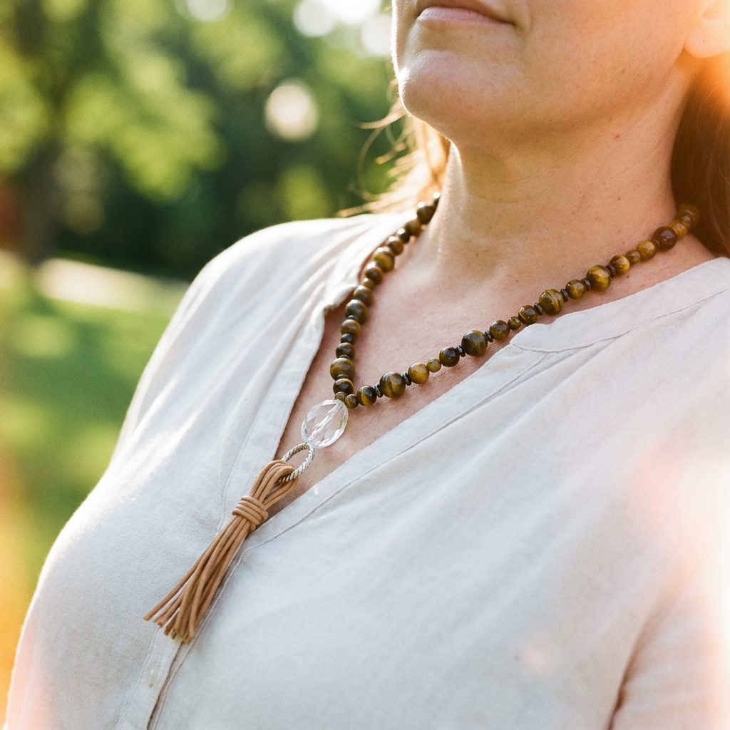 Tiger's Eye & Hematite Tassel Necklace on Natural Tan Leather, a Crystal Focal & Silver Tone Accents - Adjustable Style
