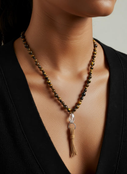 Tiger's Eye & Hematite Tassel Necklace on Natural Tan Leather, a Crystal Focal & Silver Tone Accents - Adjustable Style