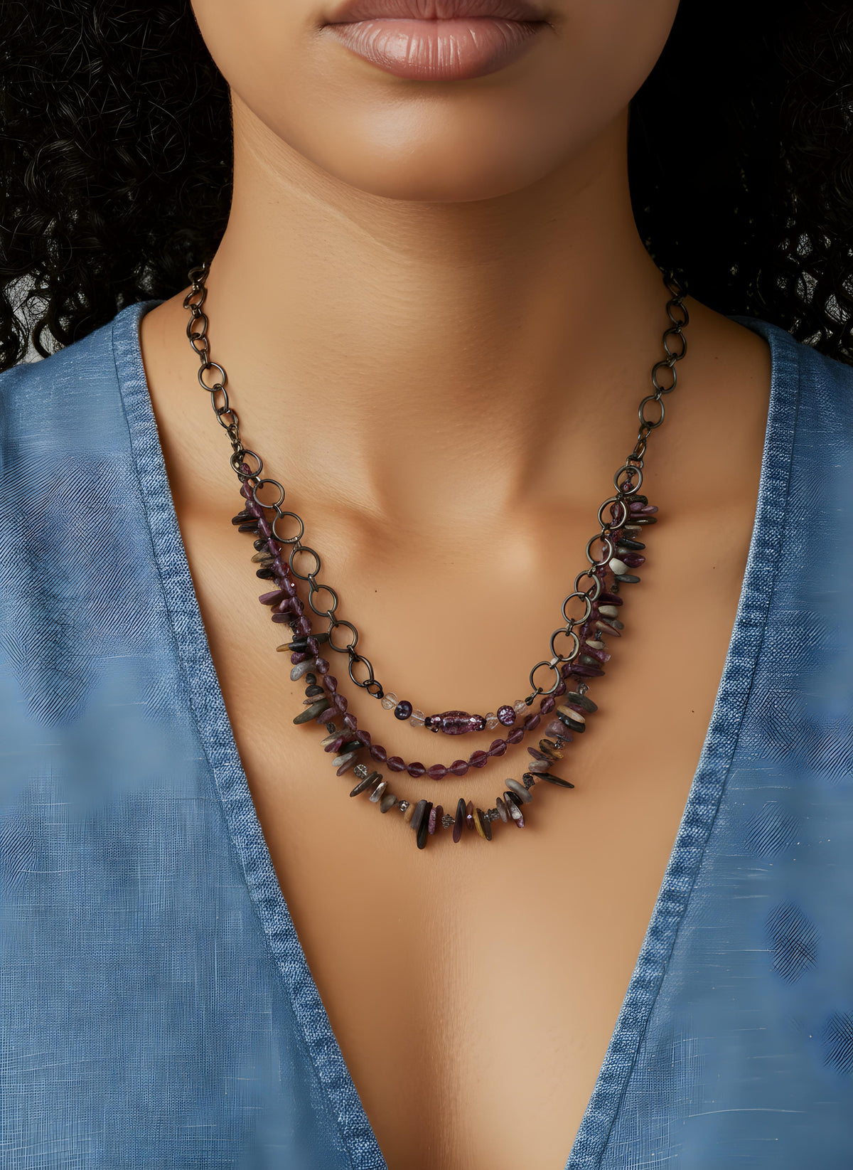 Triple-Strand Tourmaline and Czech Glass Necklace