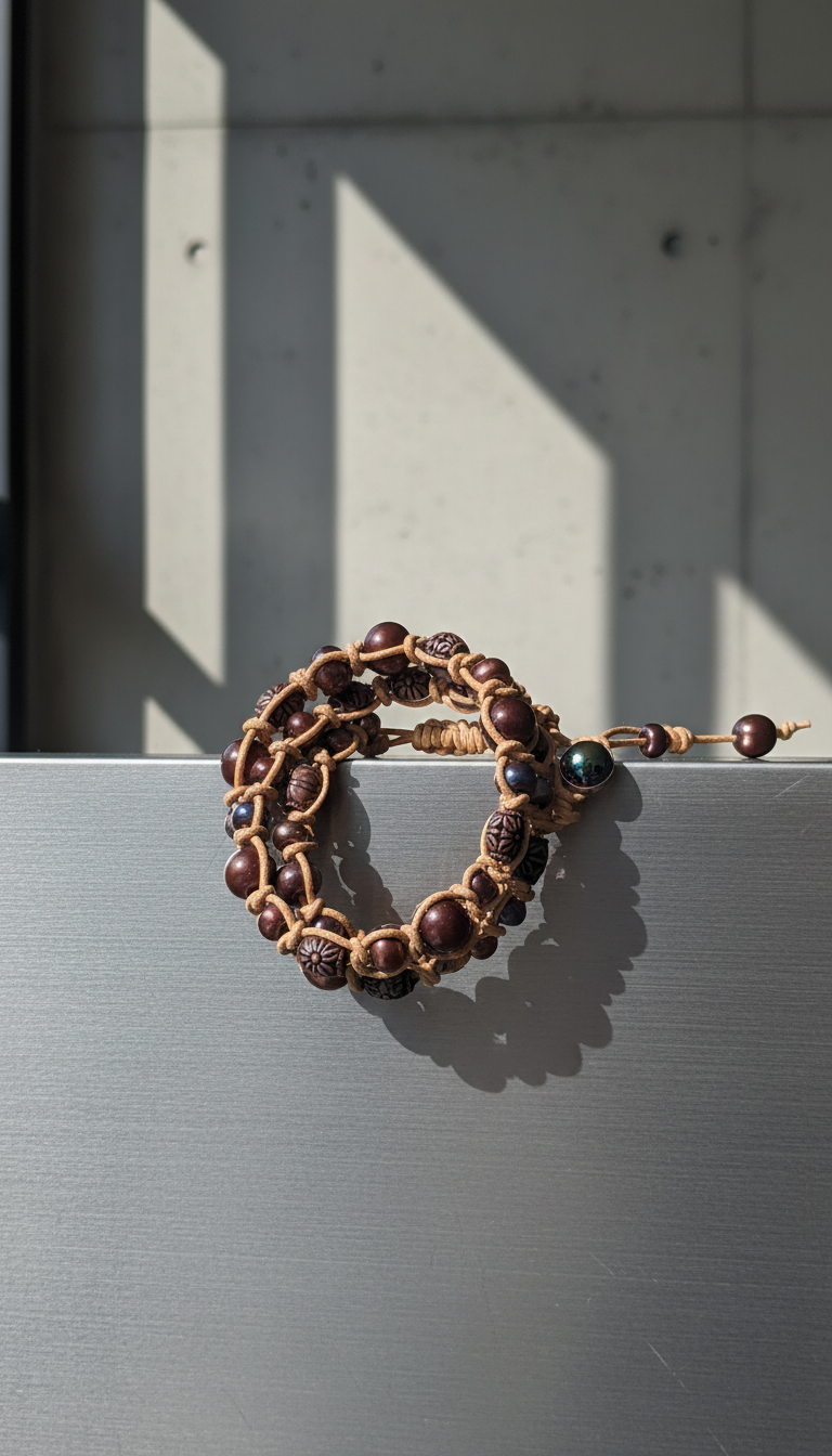 Triple Wrap Snake Knot on Natural Tan Leather Pearls & Metal