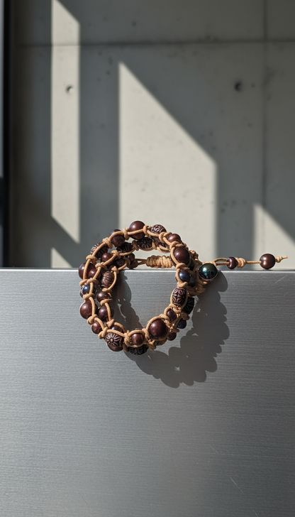 Triple Wrap Snake Knot on Natural Tan Leather Pearls & Metal