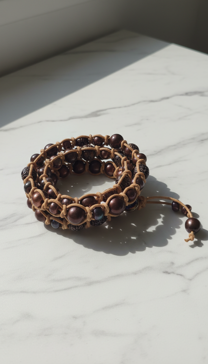 Triple Wrap Snake Knot on Natural Tan Leather Pearls & Metal
