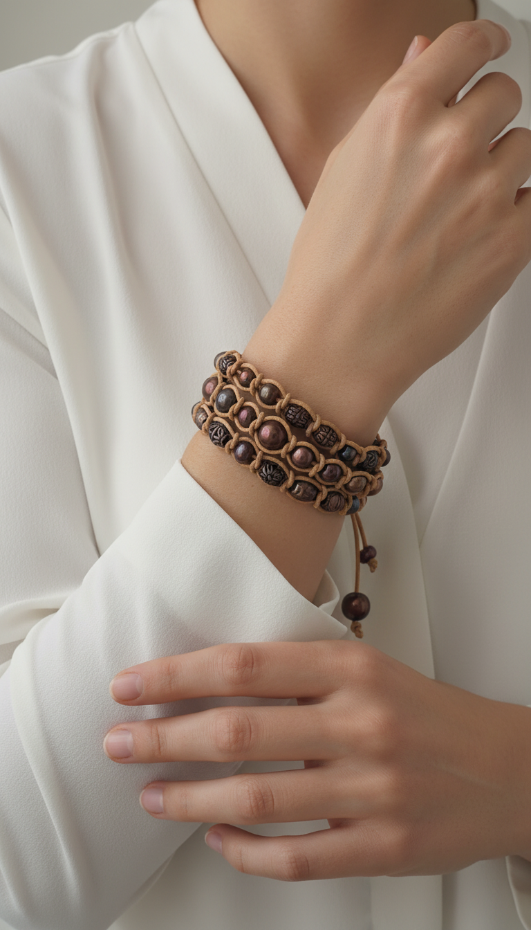 Triple Wrap Snake Knot on Natural Tan Leather Pearls & Metal