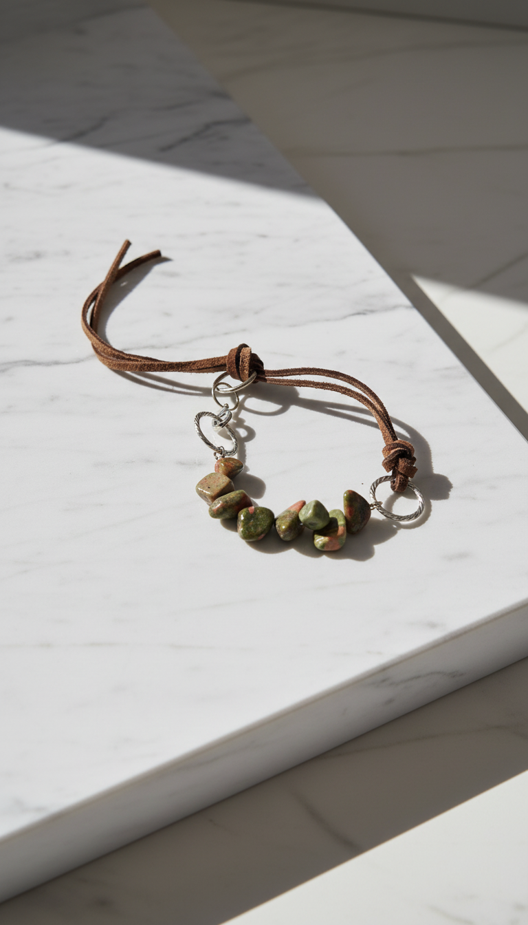 Unakite Nuggets & Dark Brown Suede Lace Adjustable Bracelet