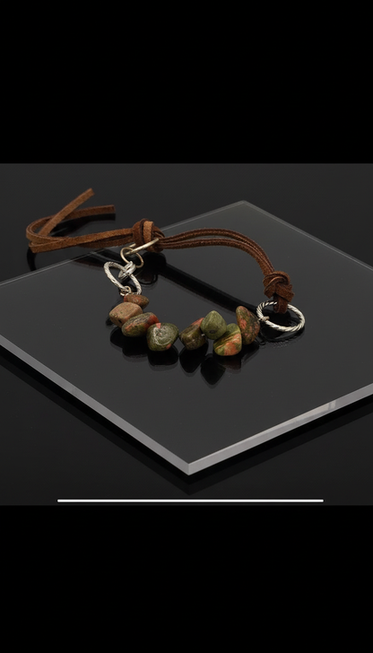 Unakite Nuggets & Dark Brown Suede Lace Adjustable Bracelet