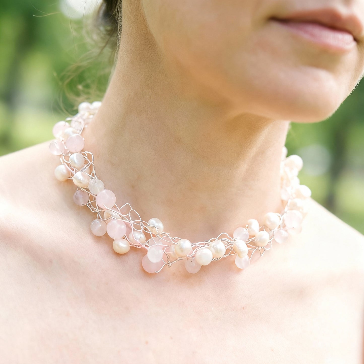 Beautiful Wire Crocheted Rose Quartz, Pearls, and Swarovski Crystals Necklace