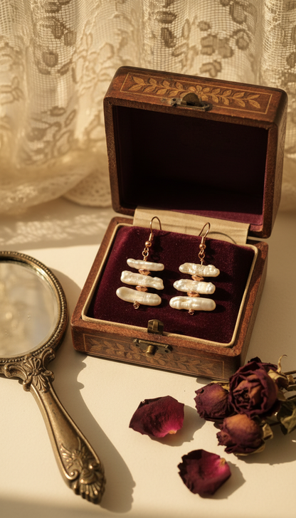 White Biwa Stick Pearls and Copper Accents and Ear Wires