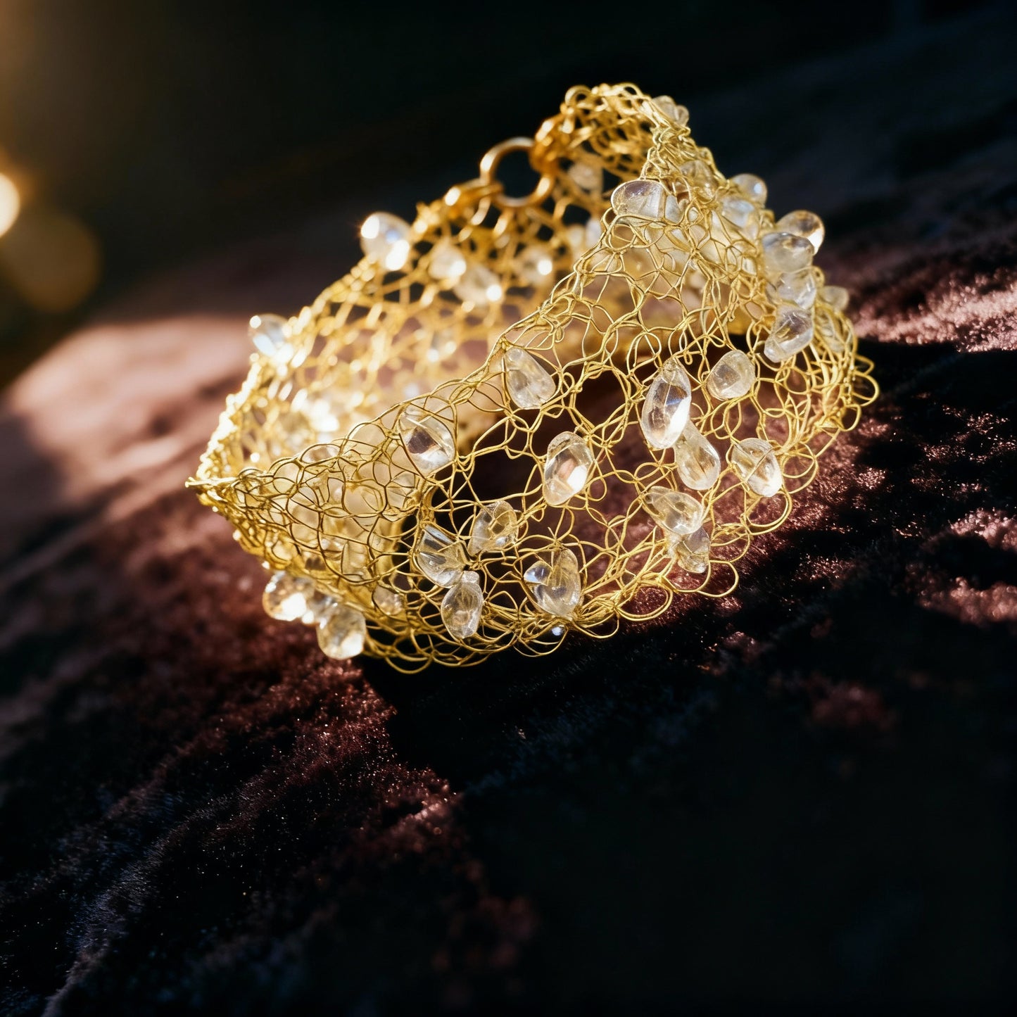Gold Tone Wire Crochet with Tiny Citrine Teardrops Cuff Bracelet