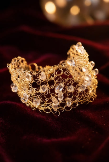 Gold Tone Wire Crochet with Tiny Citrine Teardrops Cuff Bracelet