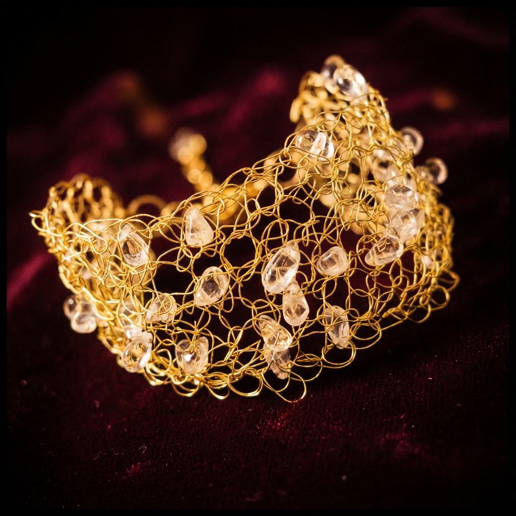 Gold Tone Wire Crochet with Tiny Citrine Teardrops Cuff Bracelet