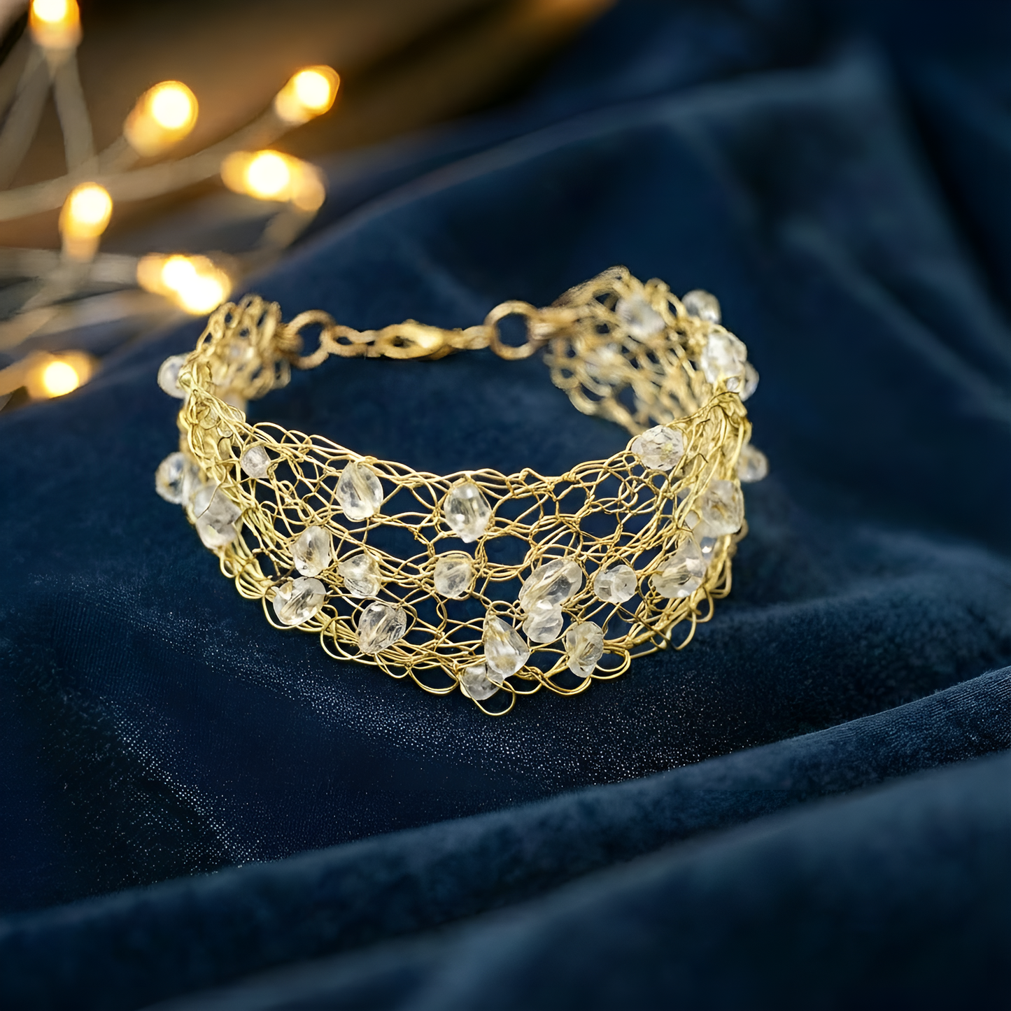 Gold Tone Wire Crochet with Tiny Citrine Teardrops Cuff Bracelet