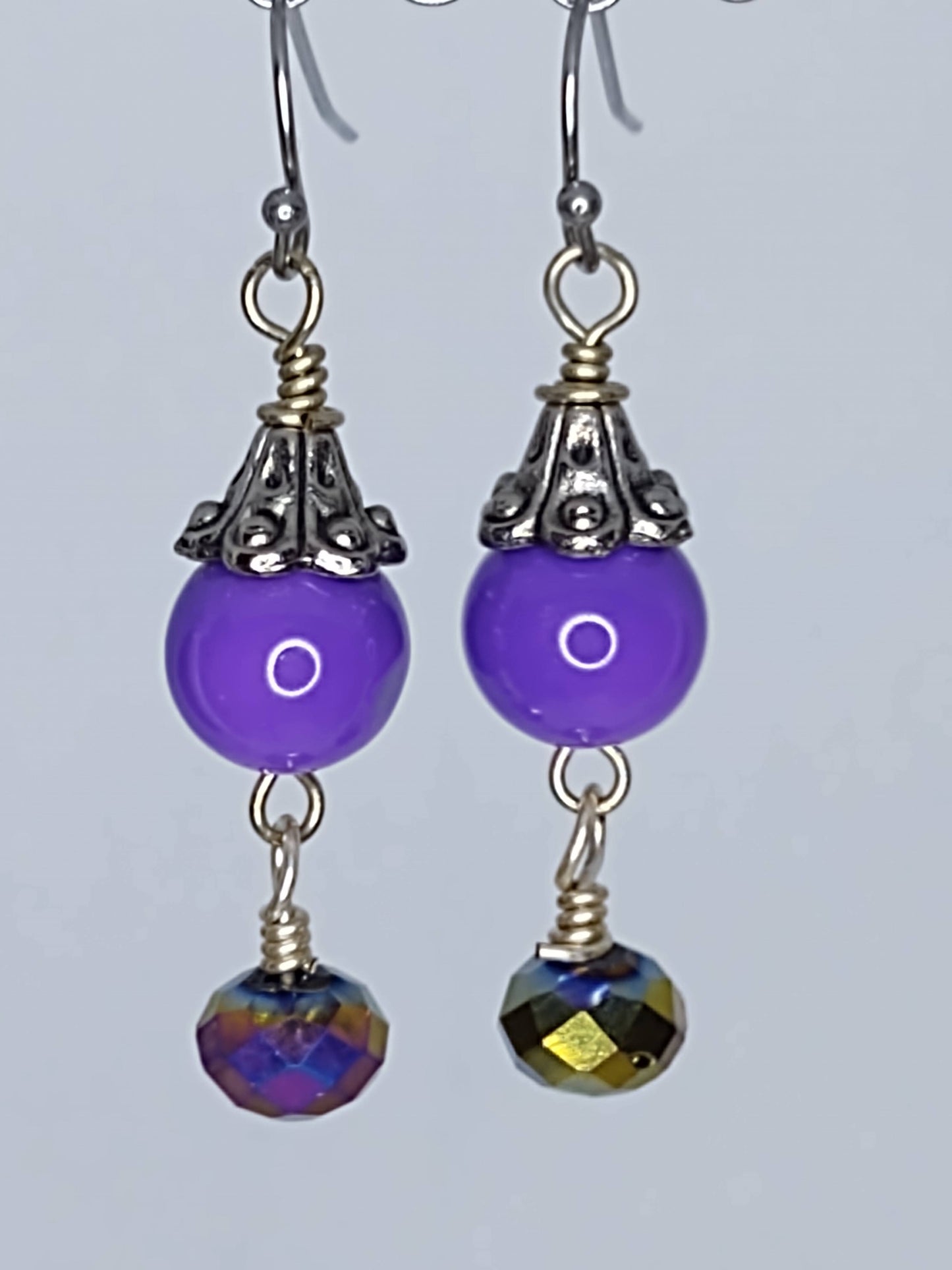 Purple Ceramic Beads with Rainbow Crystals Earrings on Stainless Steel Ear Wires