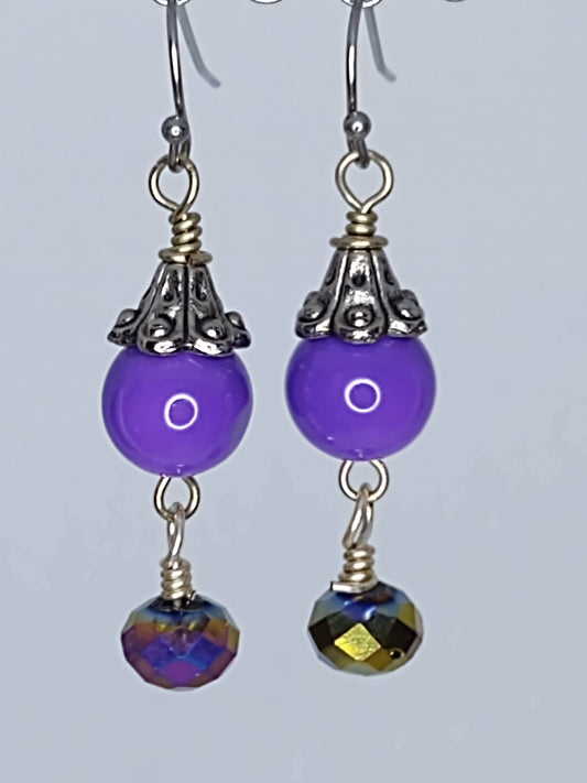 Purple Ceramic Beads with Rainbow Crystals Earrings on Stainless Steel Ear Wires