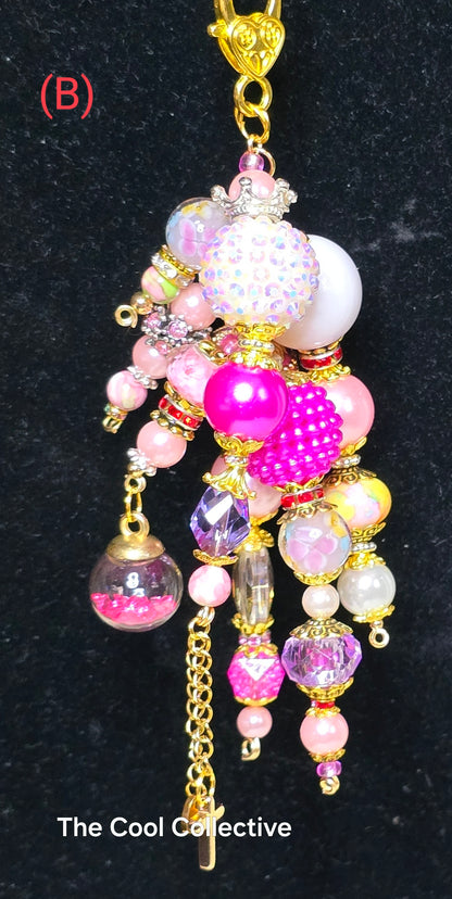 Pinks - Purse Charm, Suncatcher, Mirror Charm, Bookmark, Backpack Charm, Keychain, Wristlet Charm, Ornament - With Lobster Clasp and Gold Tone Cross