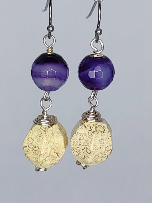 Purple Banded Agate and Ceramic Beads Earrings with Stainless Steel Ear Wires