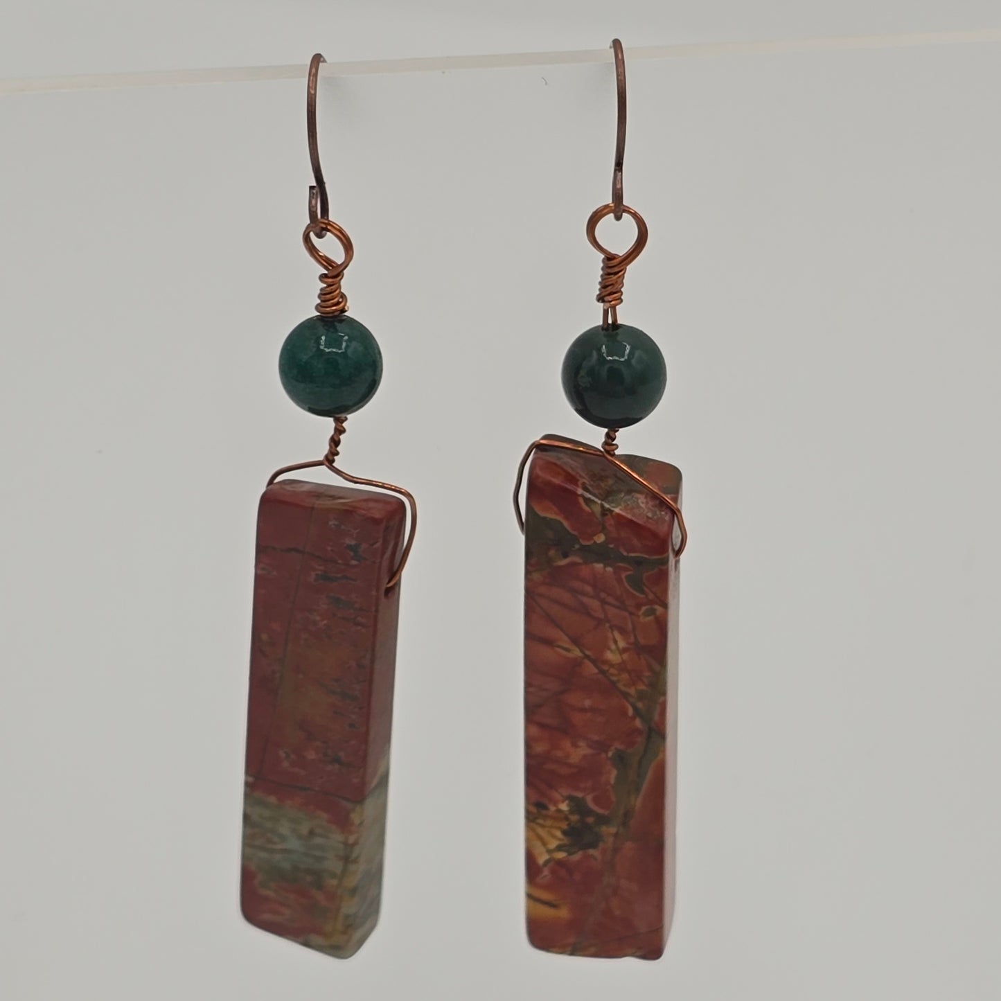 Red Creek Jasper Sticks & Green Quartz on Antique Copper Ear Wires