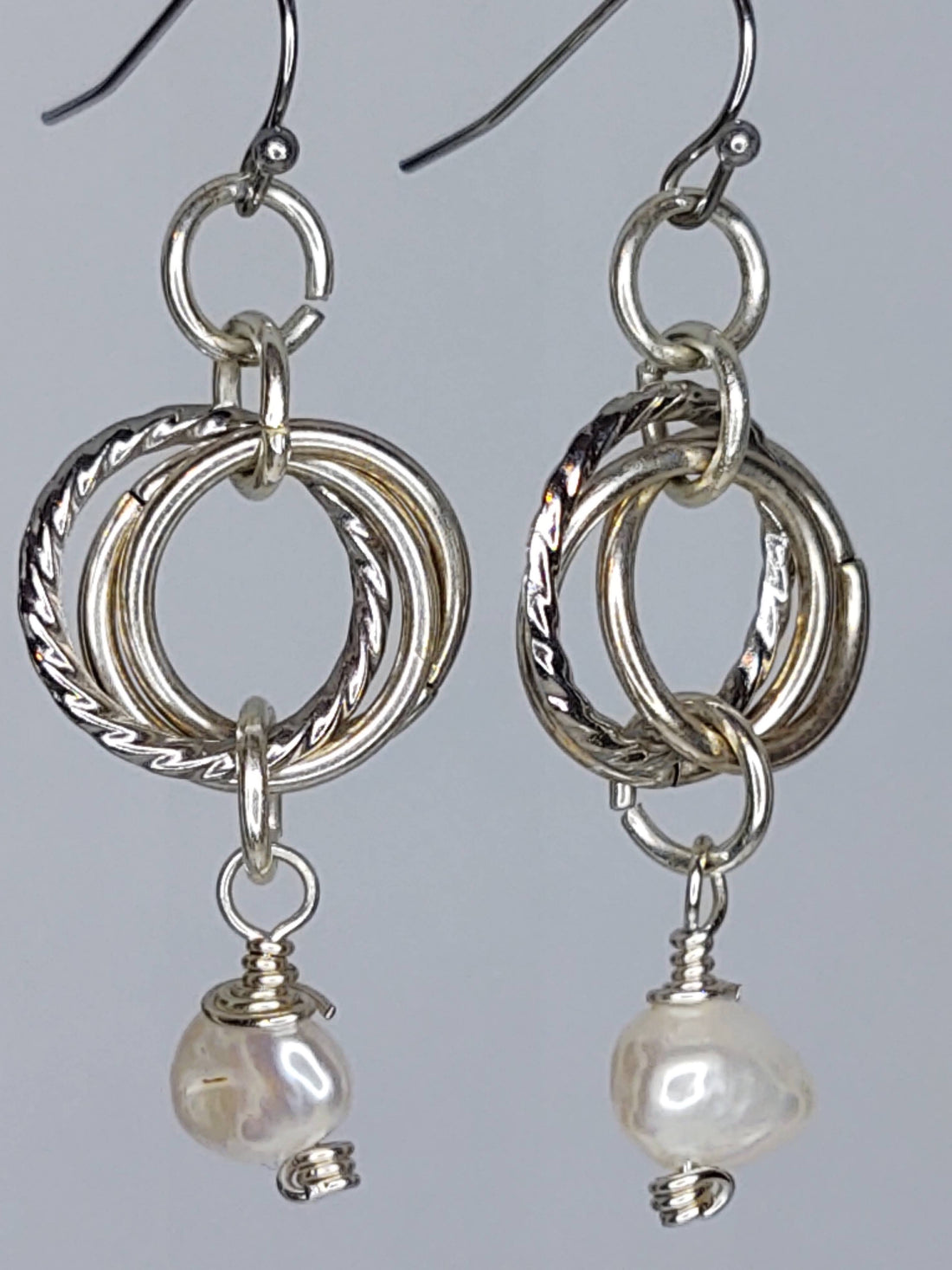 Handmade Jewelry; Pearls; Silver Tone Mobius Earrings; Tina Lucas; The Cool Collective; Woman-Owned Small Business