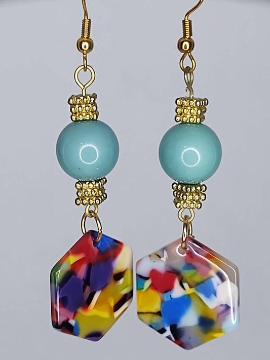 Multicolor Resin & Glass Beads on Gold Tone Ear Wires