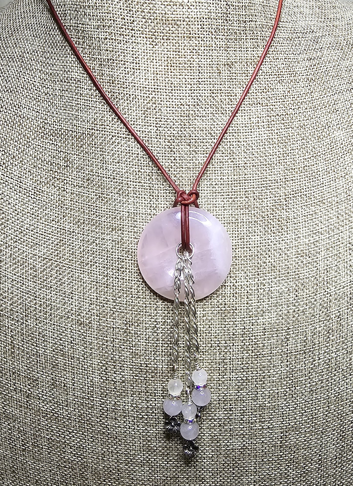 Rose Quartz Donut & Beads, Silver Tone Chain Tassels and Accents on Turkish Red Leather - Adjustable Style and Earrings