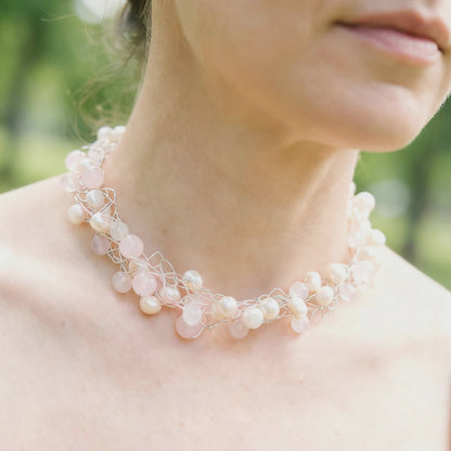 Beautiful Wire Crocheted Rose Quartz, Pearls, and Swarovski Crystals Necklace