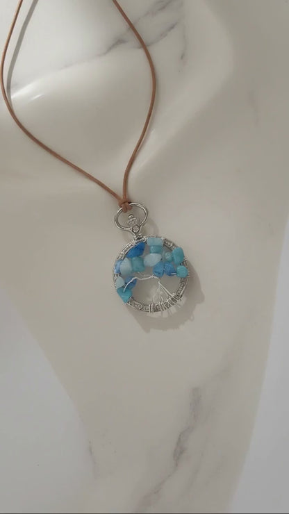 Blue Quartzite Tree of Life Pendant on Adjustable Natural Tan Leather