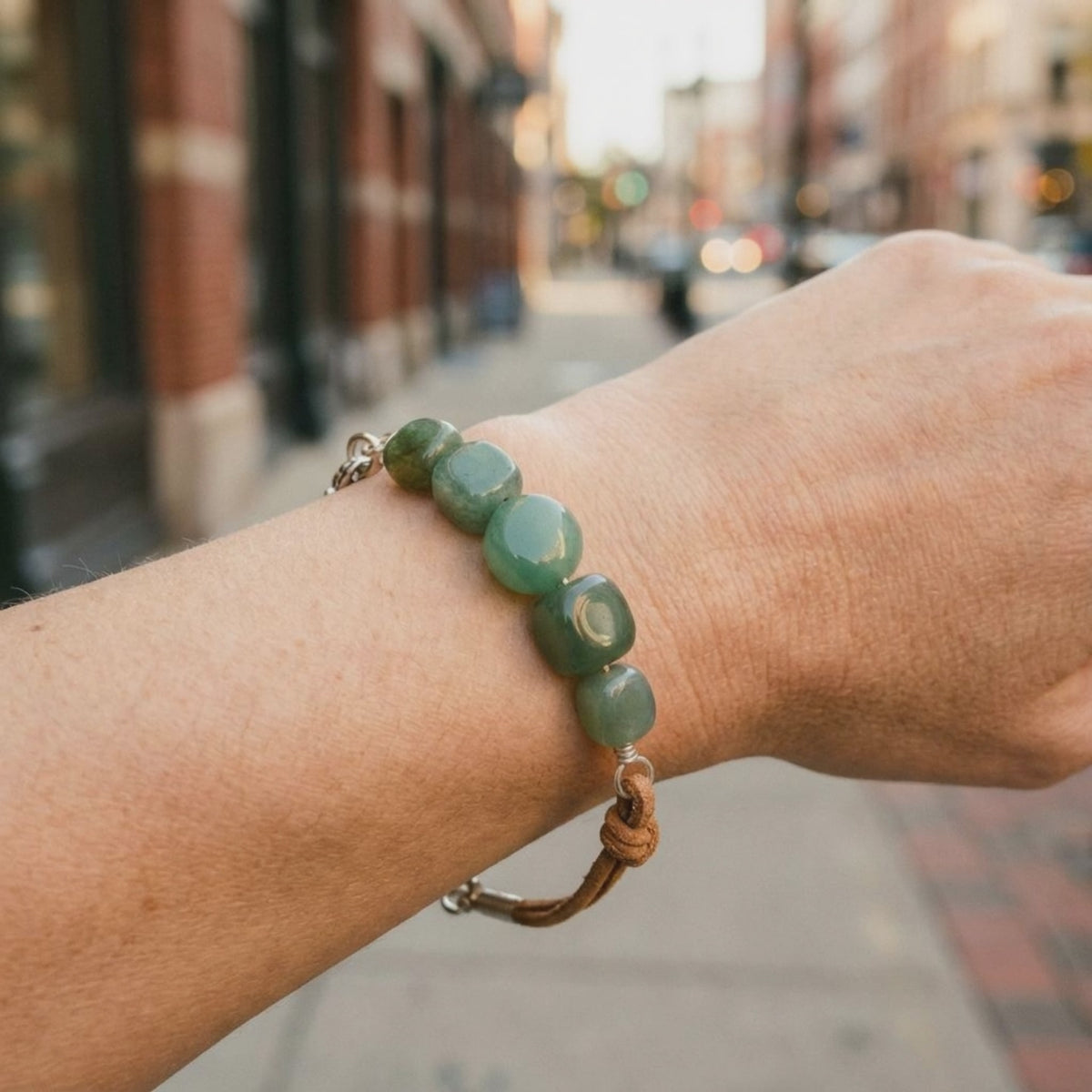 Green Aventurine Nuggets and Natural Tan Leather Bracelet