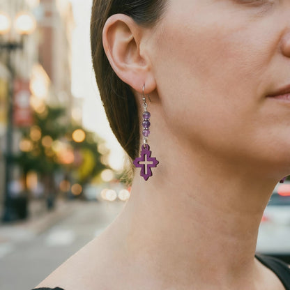 Laser Cut Wood Earrings in Purple Cross & Amethyst Beads on Stainless Steel Ear Wires