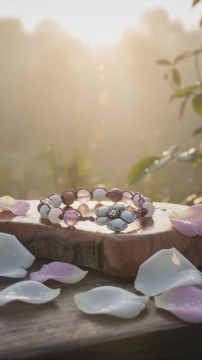 Hand-Knotted Bracelet Featuring Matte Amethyst, Rose Quartz, and Clear Quartz and Periwinkle Blossom Button Closure