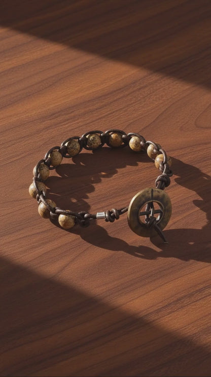 Picture Jasper & Dark Brown Leather Macrame With Nautical Button