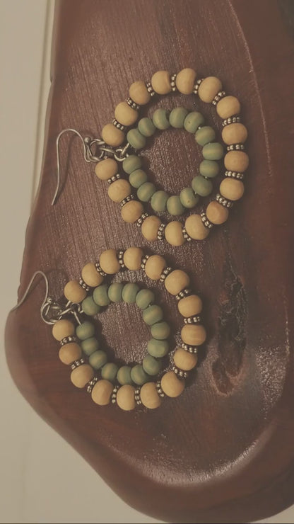 Cream & Blue Wood Boho Earrings on Stainless Steel Ear Wires