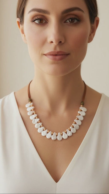 Champagne and White Paddle Pearls on Medium Brown Leather Necklace