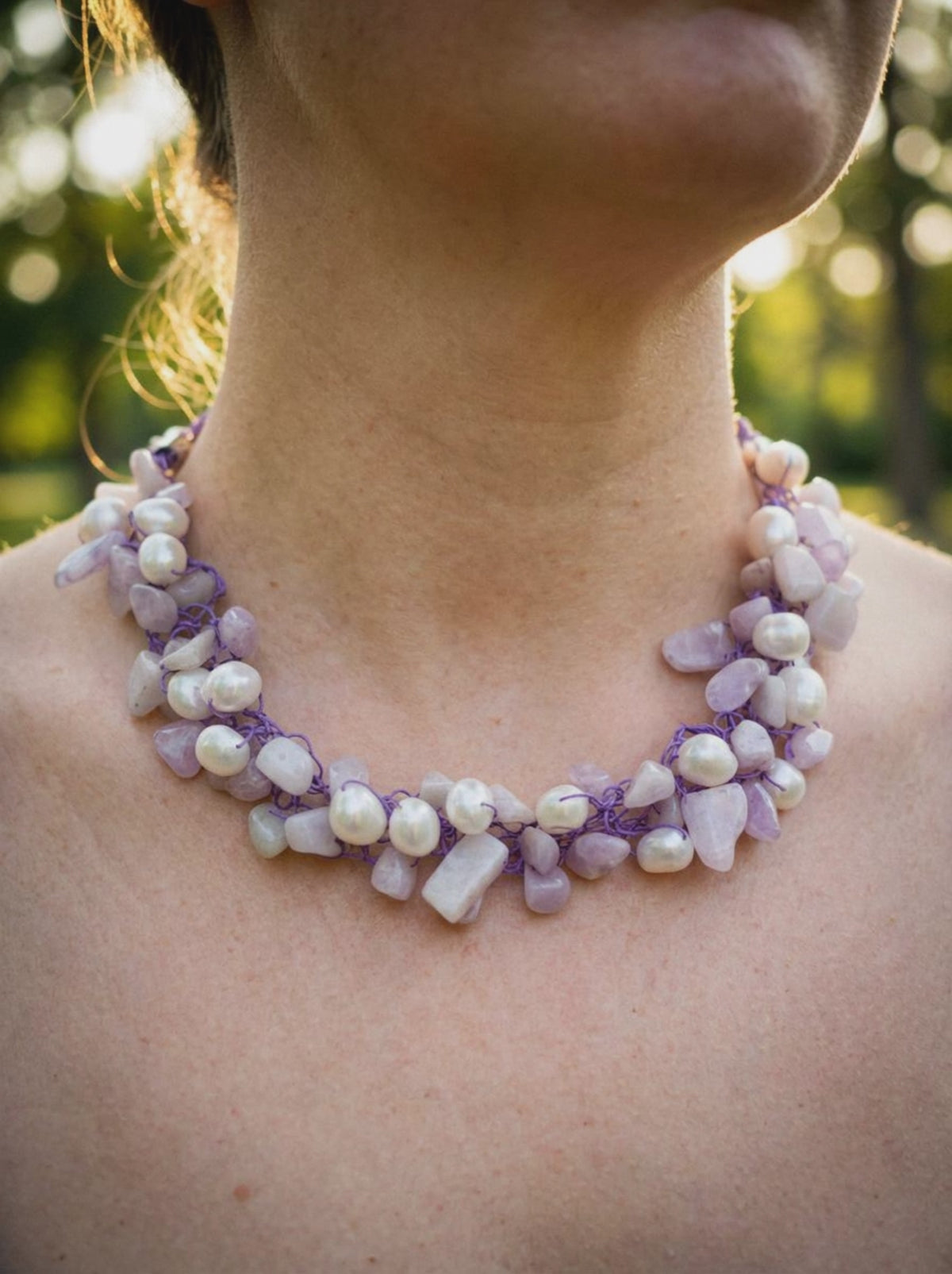 Beautiful Wire Crochet Kunzite and Pearl Necklace and Stainless Steel Chain