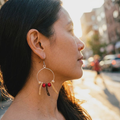 Medium Wire Wire Hoops With Cream Spikes & Red/Cream Rounds on Stainless Steel Ear Wires