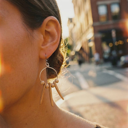 Small Wire Hoop Earrings With Cream Wood Spikes & Beads on Stainless Steel Ear Wires