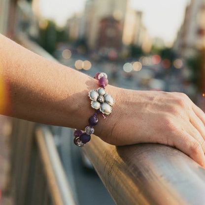 Hand-Knotted Purple Druzy Quartz Bracelet With Crystals and Periwinkle Blossom Button Closure