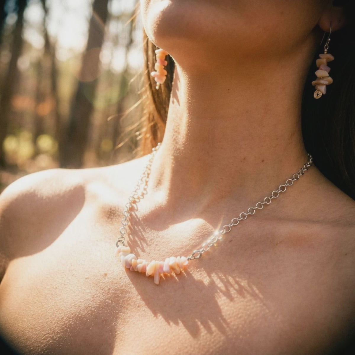 Peruvian Opal Bar Necklace &amp; Earrings on Stainless Steel Chain and Ear Wires