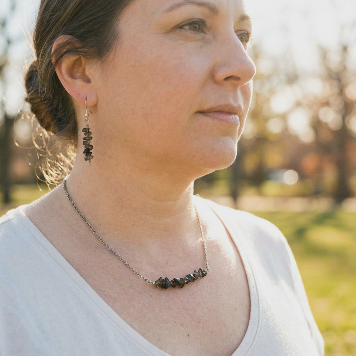 Smoky Quartz Bar Necklace &amp; Earrings on Stainless Steel Chain and Ear Wires