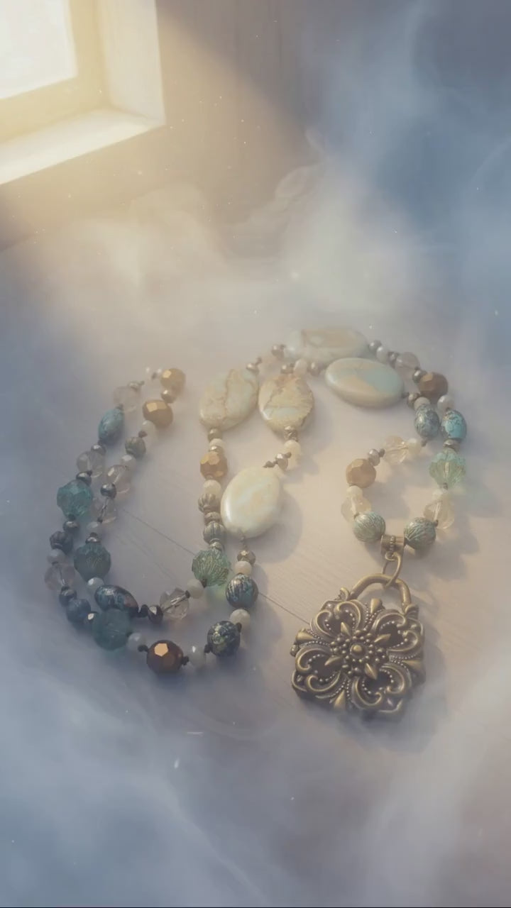 Hand-Knotted Boho Locket, African Opal Jasper Necklace, Czech Glass, and Earrings Set