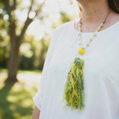 White Pearls & Lime Green Dancing Pearls & Colorful Tassel Necklace