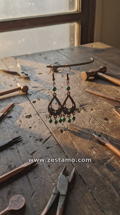 Malachite on Antique Copper Chandelier Earrings